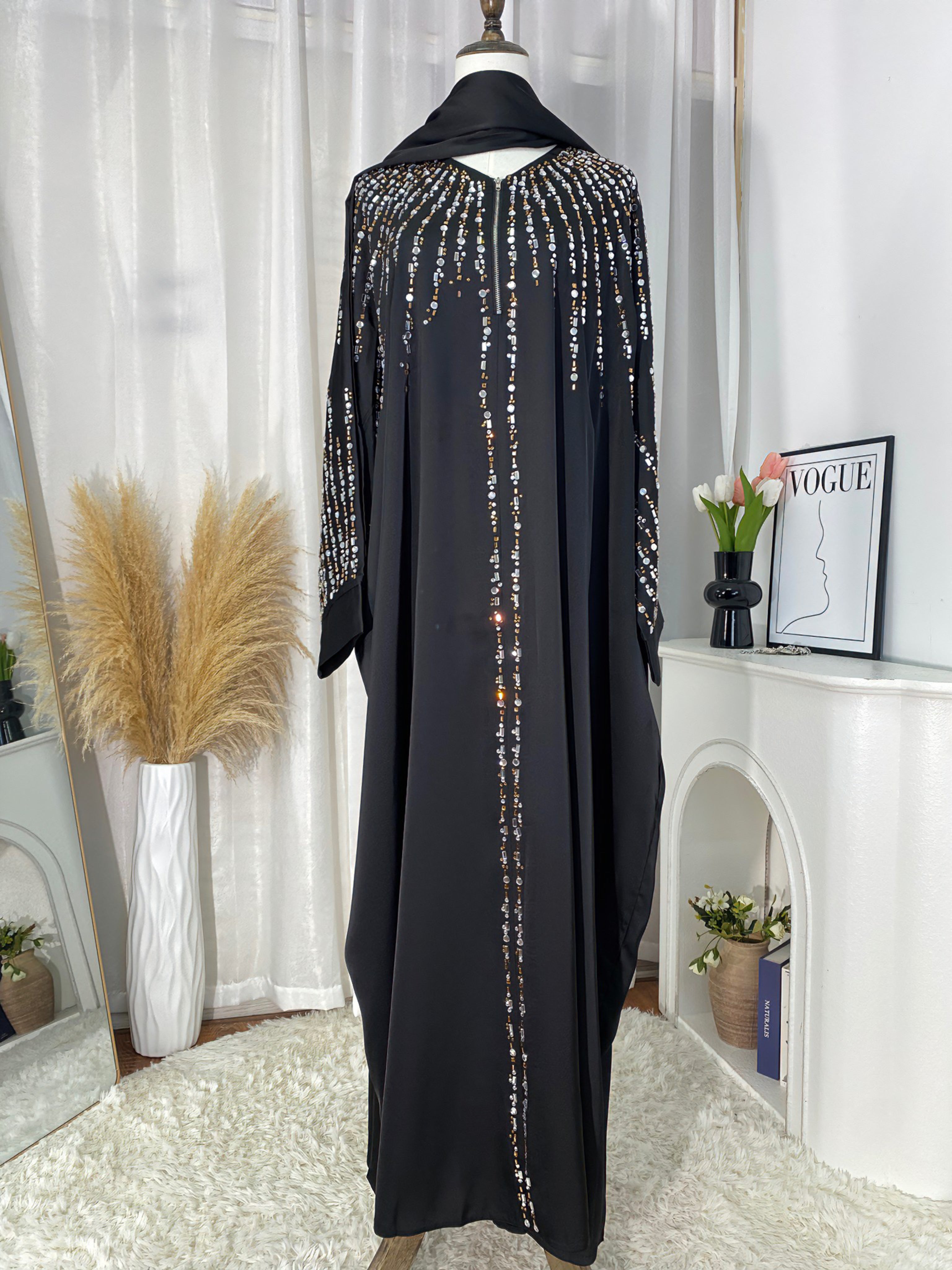 Rhinestone Embellished Abaya Dress with Hijab – Front Zipper Modest Kaftan with Pockets for Women (S–XXL)
