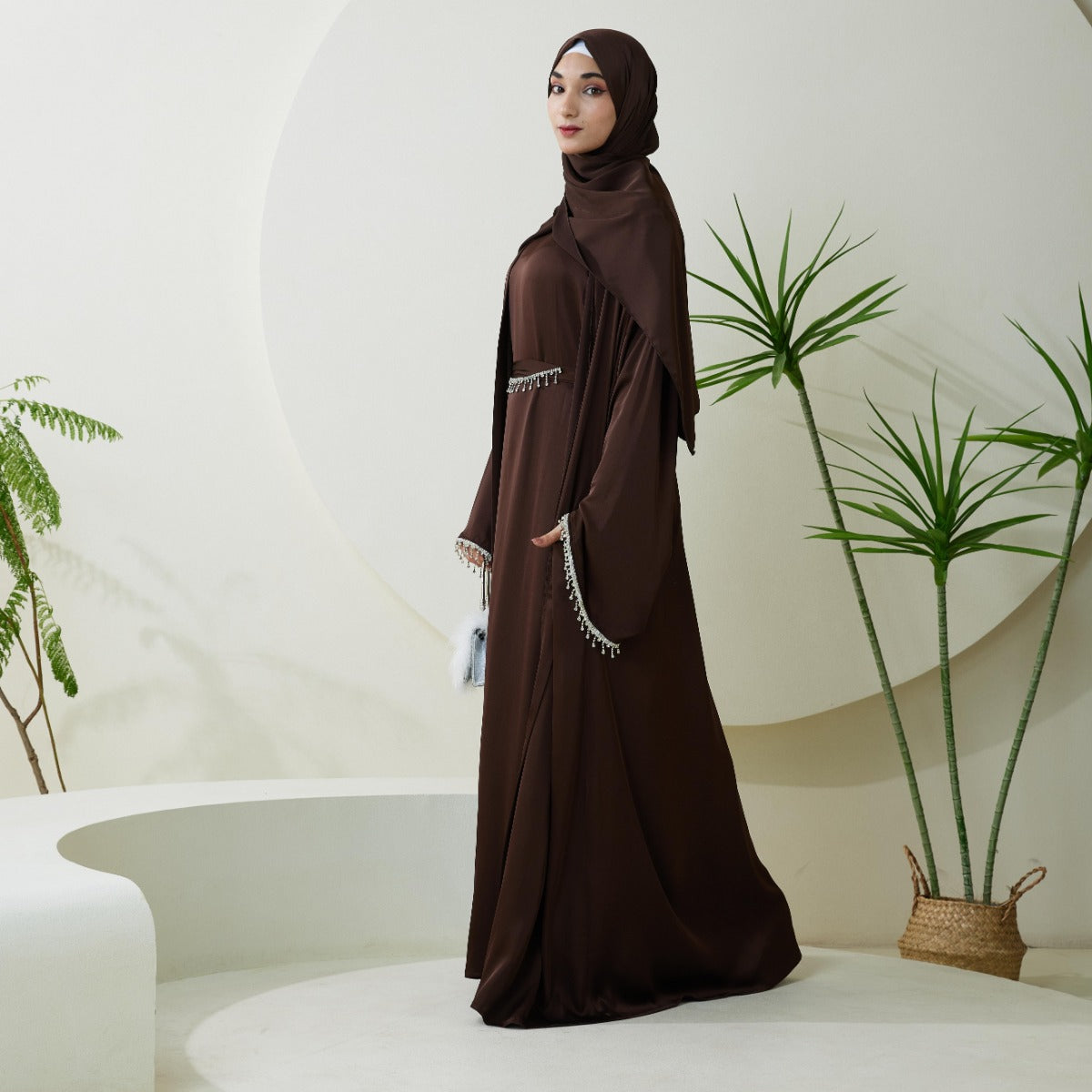 Satin Abaya With Diamond Tassels Belt, 4-Piece Set (NCS004)