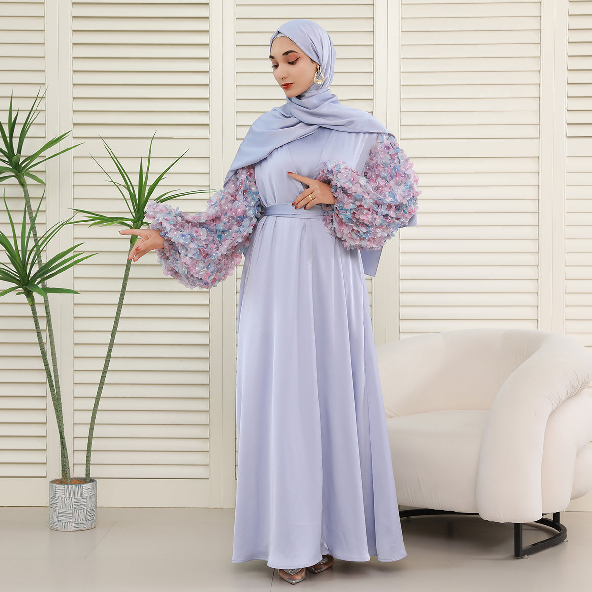 Pastel 3D Floral Sleeve 4-Piece Abaya Set – Elegant Occasionwear Modest Dress (NCS014)