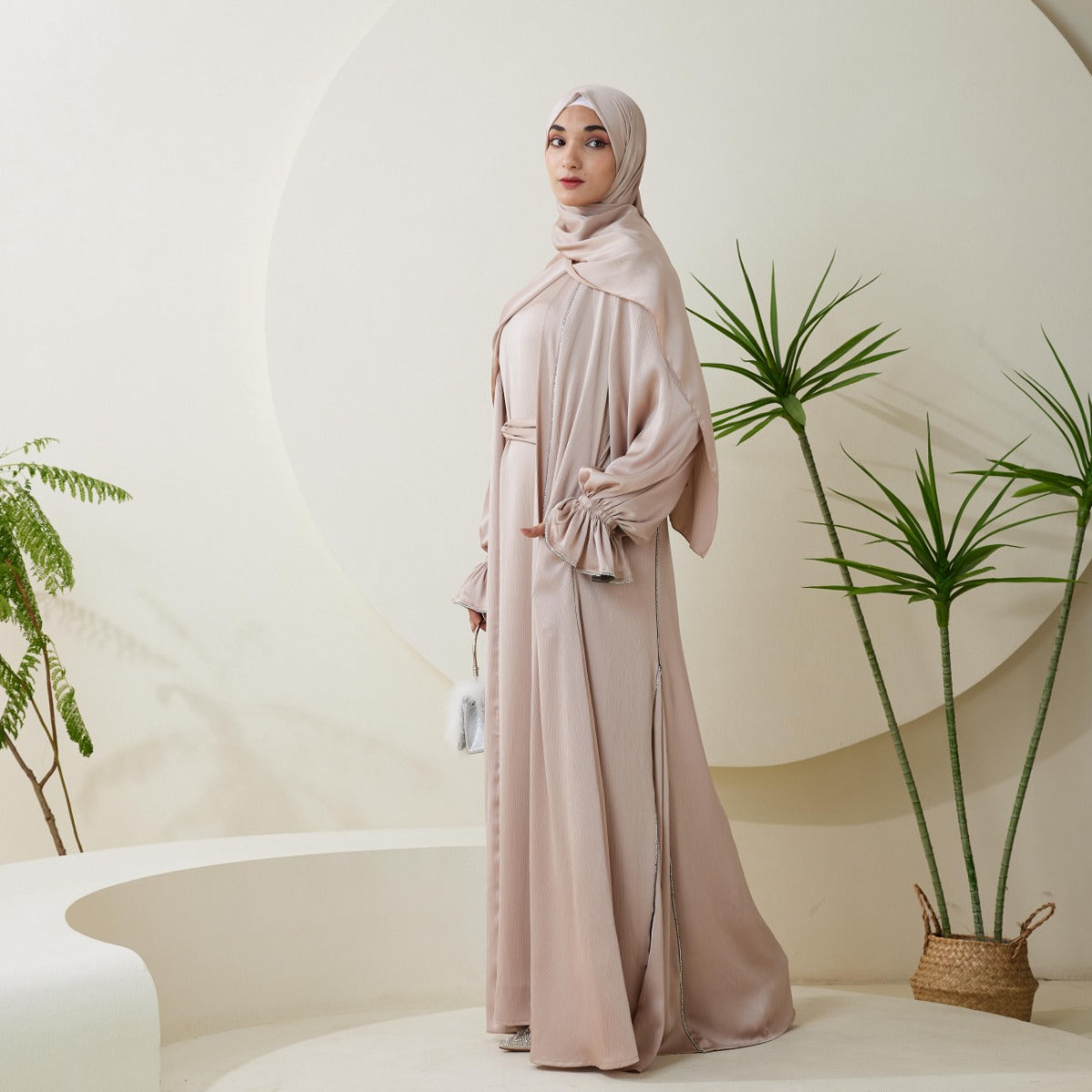 3-Piece Ruffle Sleeve Haiya Abaya Set with Sparkling Rhinestone (NCS006)
