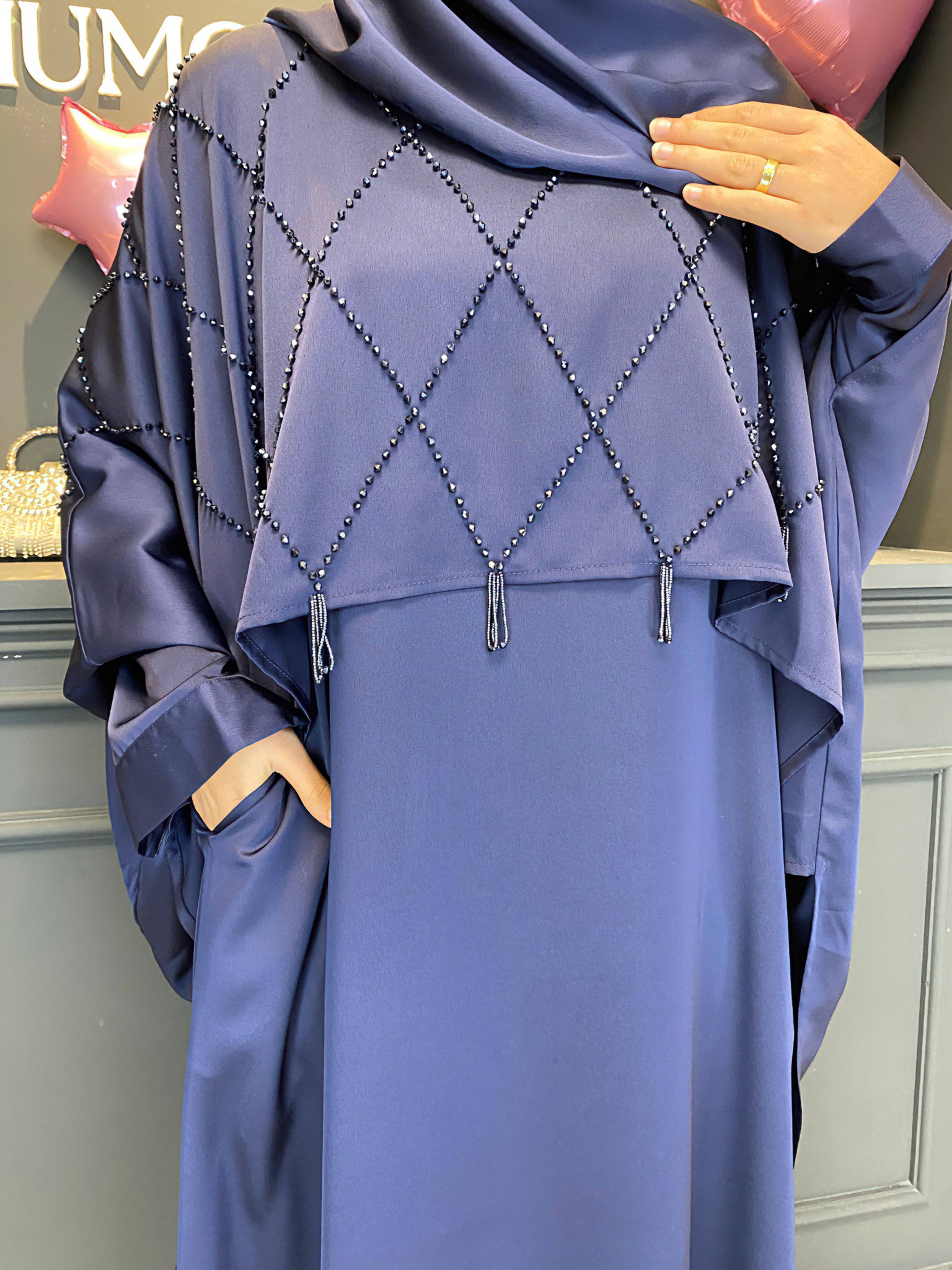 Ramadan 3-Piece Satin Abaya Set – Handmade Beaded Open Abaya with Inner Dress & Hijab (NCS021)