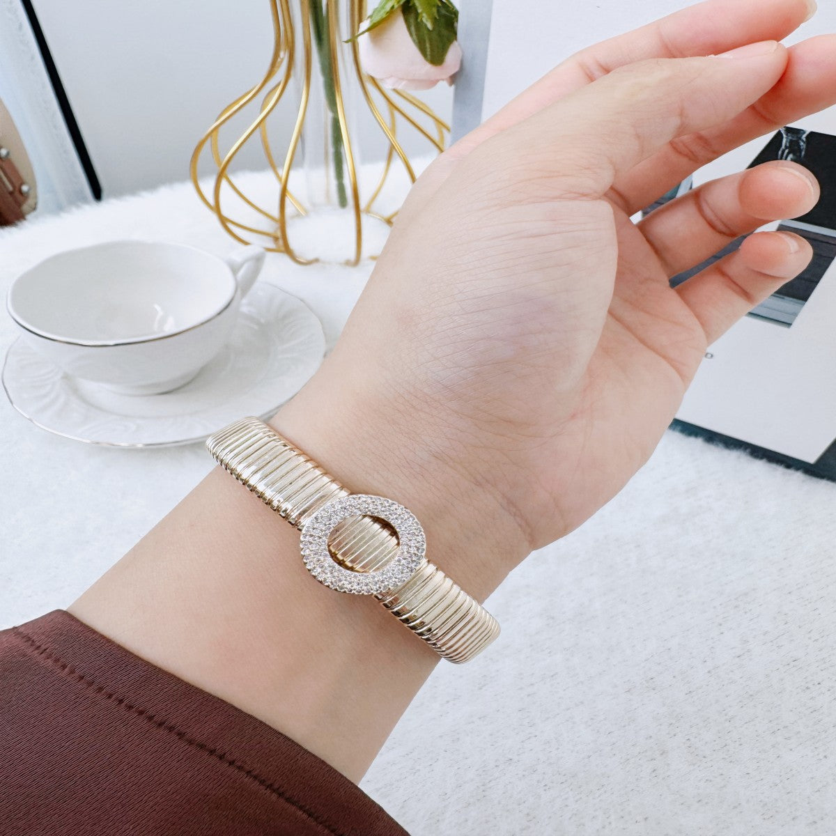 Gold Textured Alloy Bracelet – Adjustable Minimalist Bangle for Women(NCJ005)