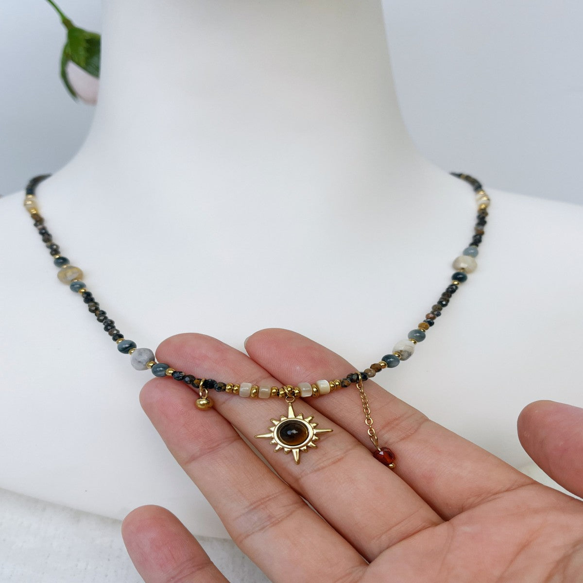 Boho Raw Stone Beaded Necklace with Vintage Sun Pendant – Handmade Natural Gemstone Jewelry for Women(NCJ001)