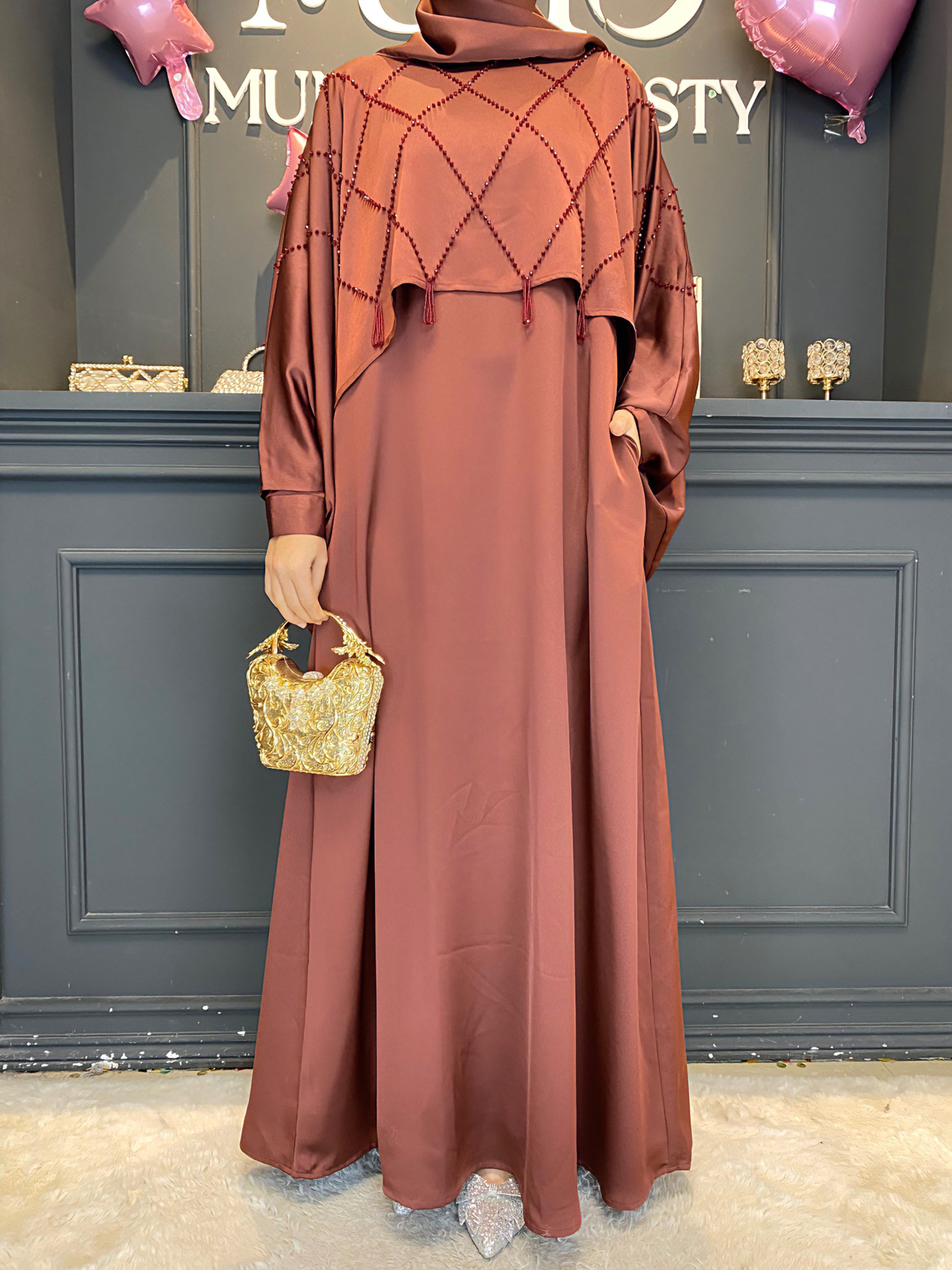 Ramadan 3-Piece Satin Abaya Set – Handmade Beaded Open Abaya with Inner Dress & Hijab (NCS021)