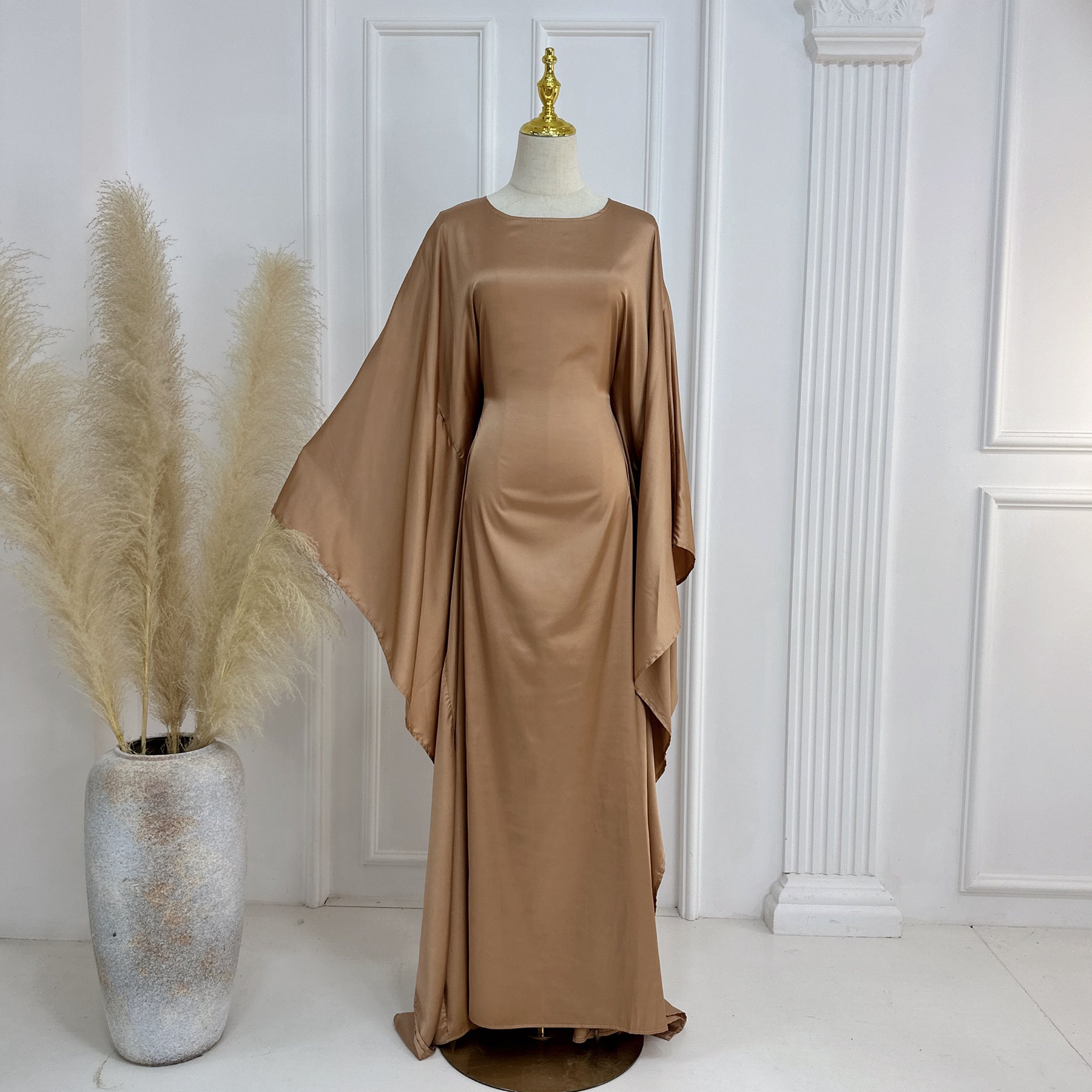 Raushan Abaya-Satin silk dress with cape sleeves