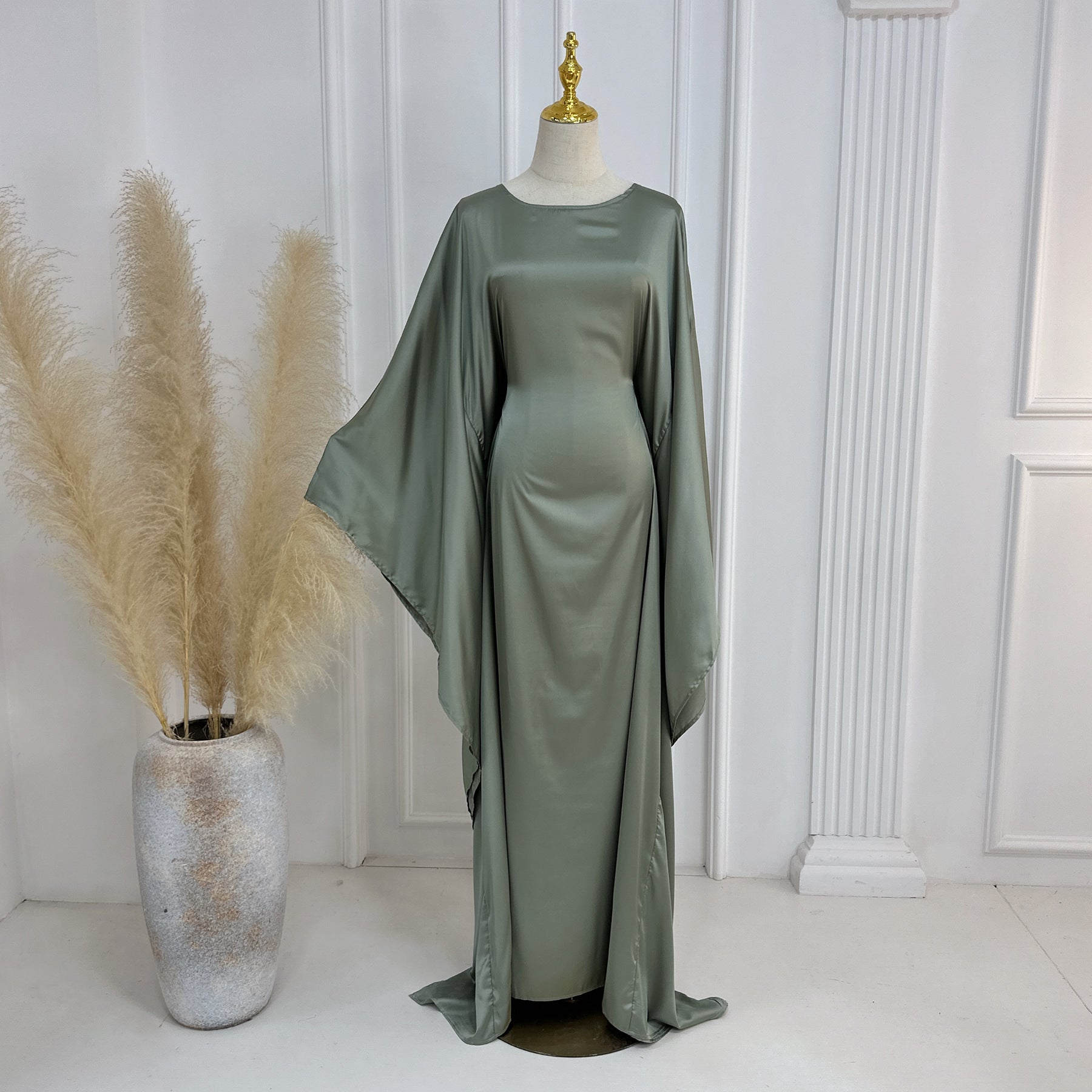 Raushan Abaya-Satin silk dress with cape sleeves