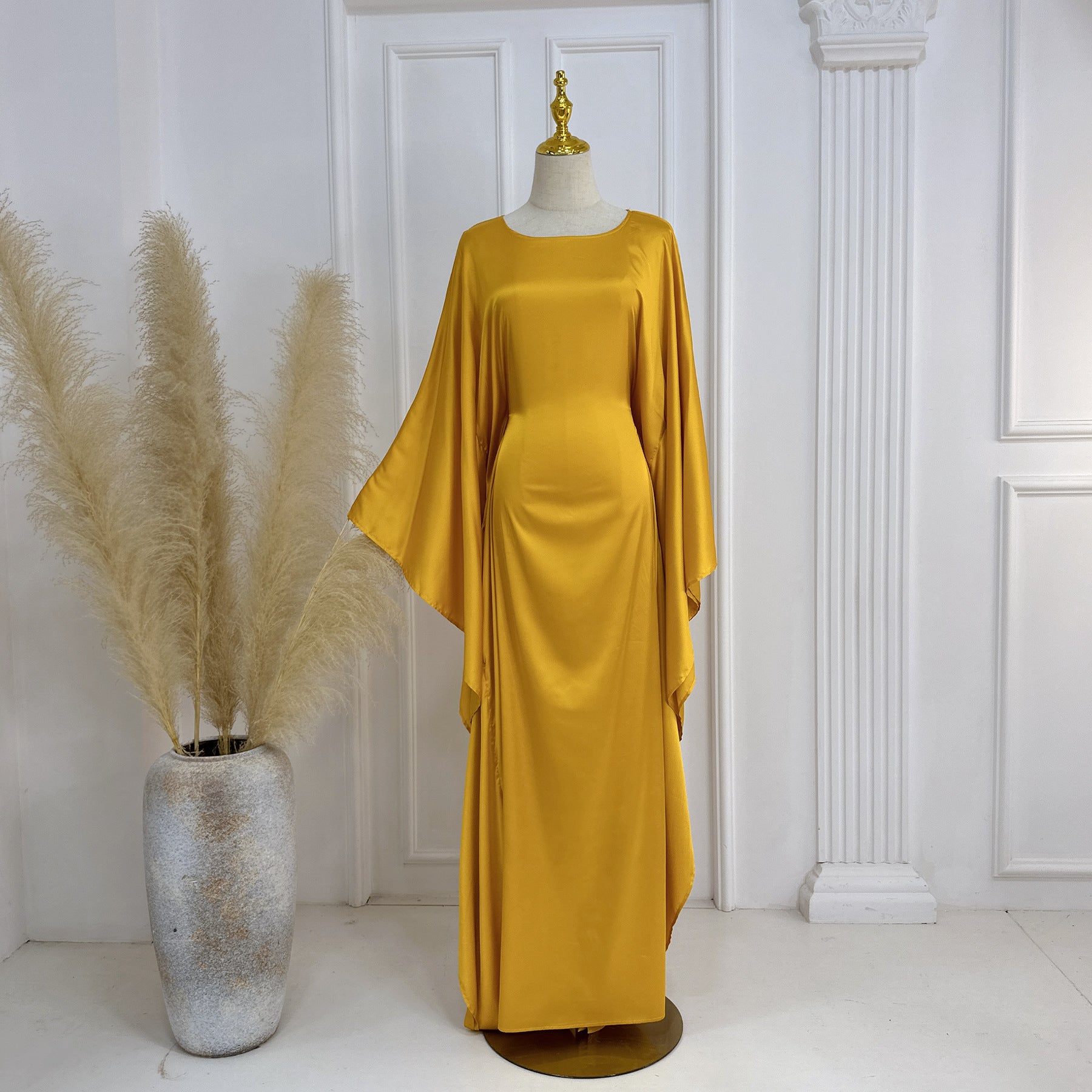 Raushan Abaya-Satin silk dress with cape sleeves