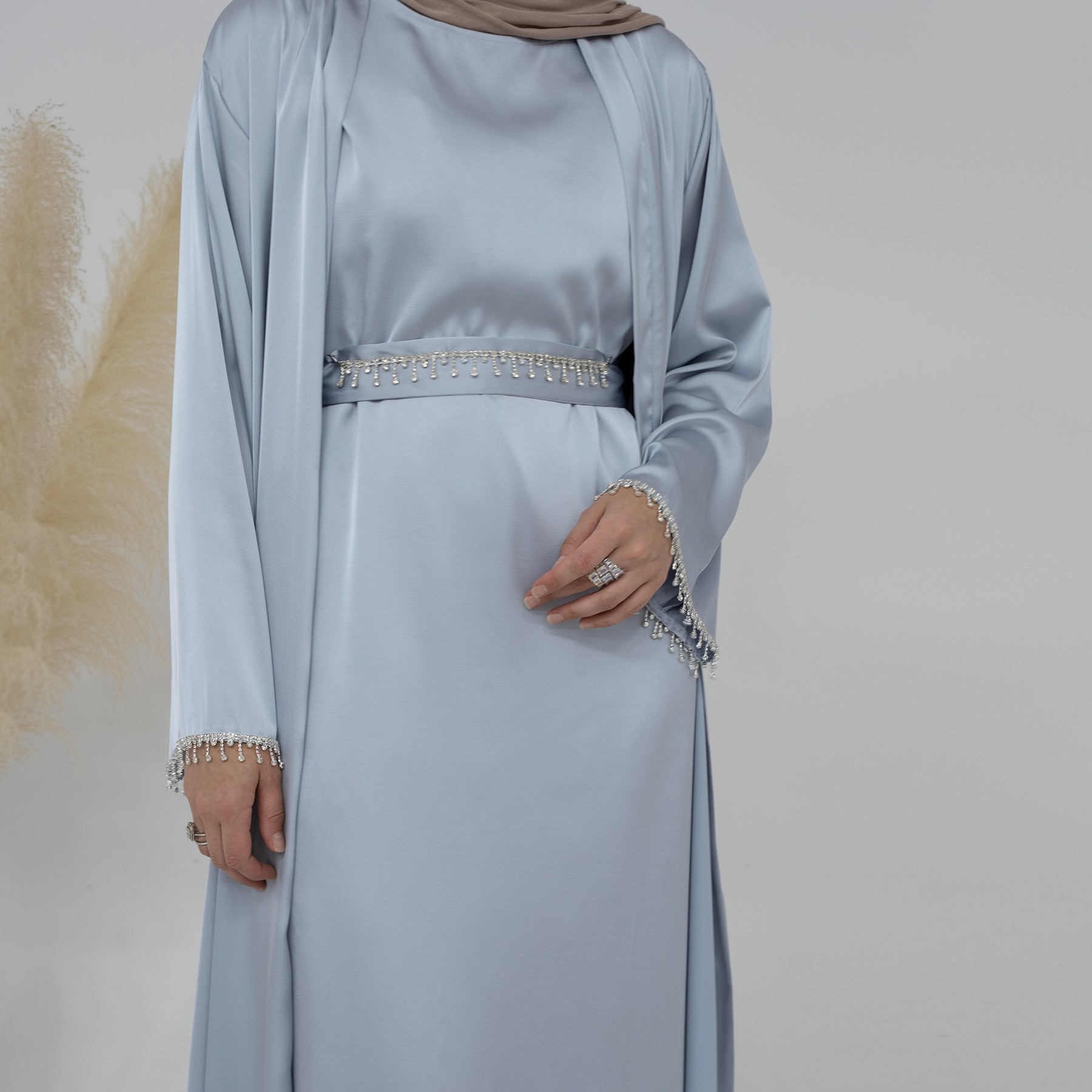 Satin Abaya With Diamond Tassels Belt, 4-Piece Set