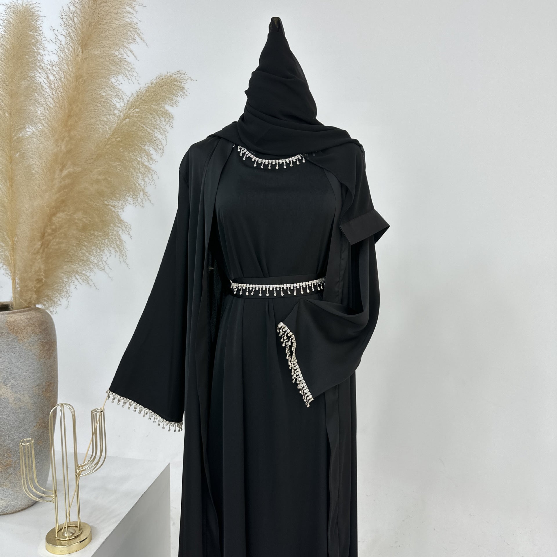 Satin Abaya With Diamond Tassels Belt, 4-Piece Set