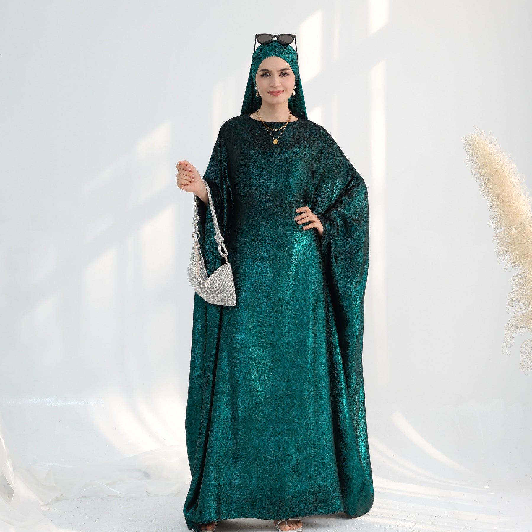 Luxe Metallic-Embroidered Abaya Dress – Oversized Modest Gown for All Body Types (NCK003)
