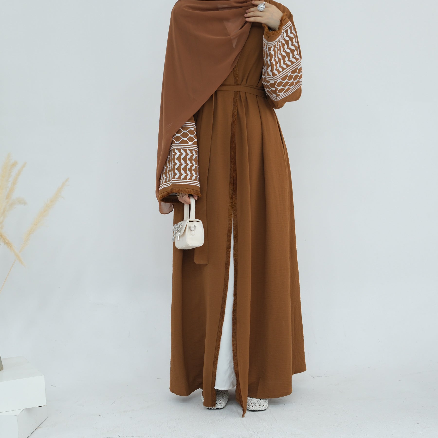 Zafeerah Keffiyeh  Abaya-Soft Embroidered Cotton tassel