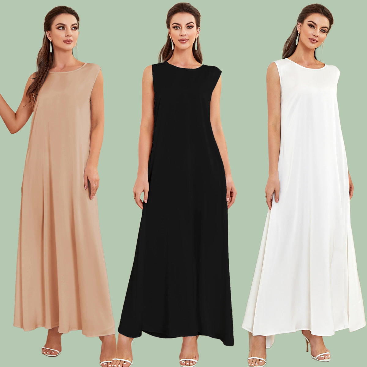 Versatile Satin‑Look Sleeveless Tank Dress – 3‑Color Loose Fit Muslim Women’s Summer Slip Dress(NCA020)