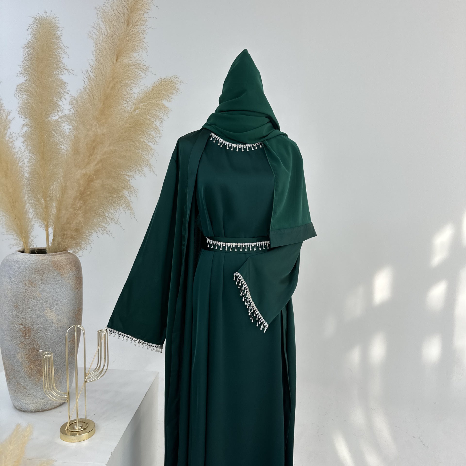 Satin Abaya With Diamond Tassels Belt, 4-Piece Set