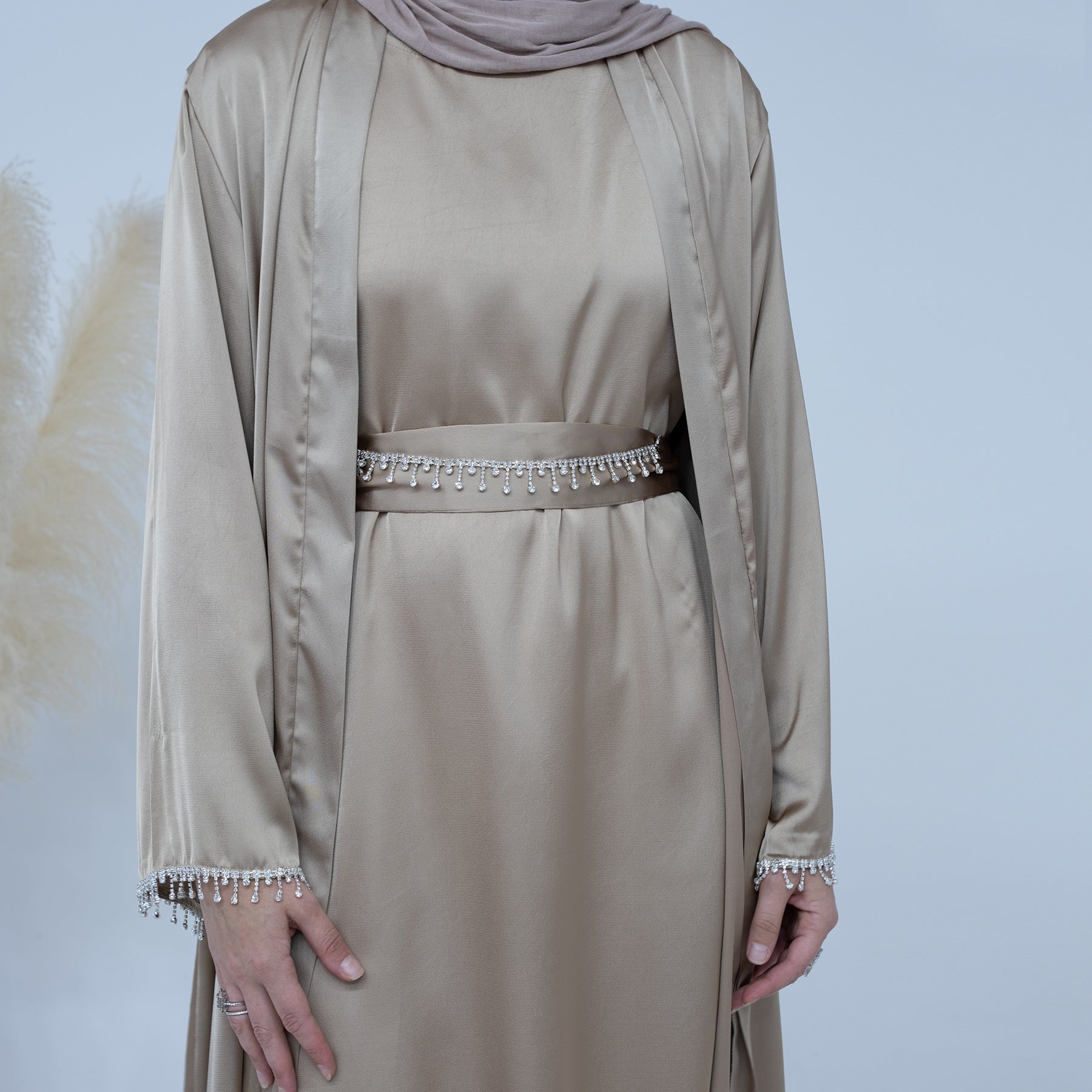 Satin Abaya With Diamond Tassels Belt, 4-Piece Set