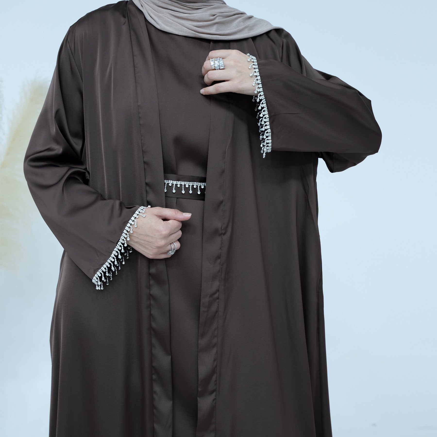 Satin Abaya With Diamond Tassels Belt, 4-Piece Set