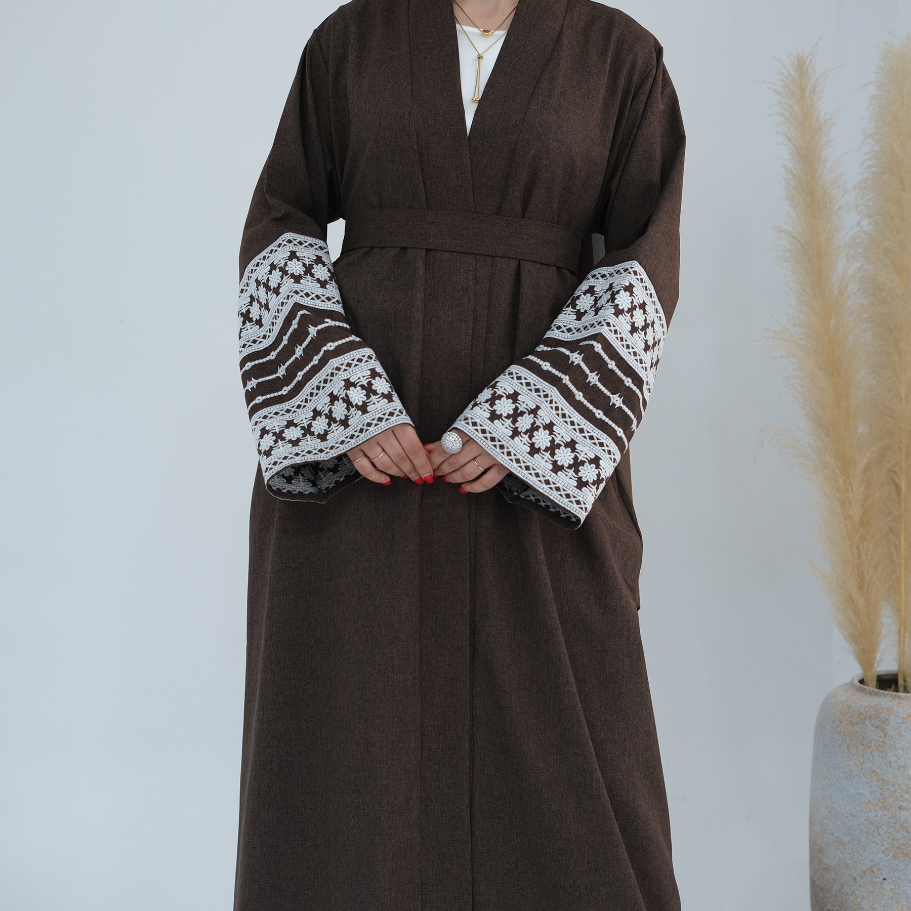 Bahar Open Abaya-Embroidered Cotton Linen