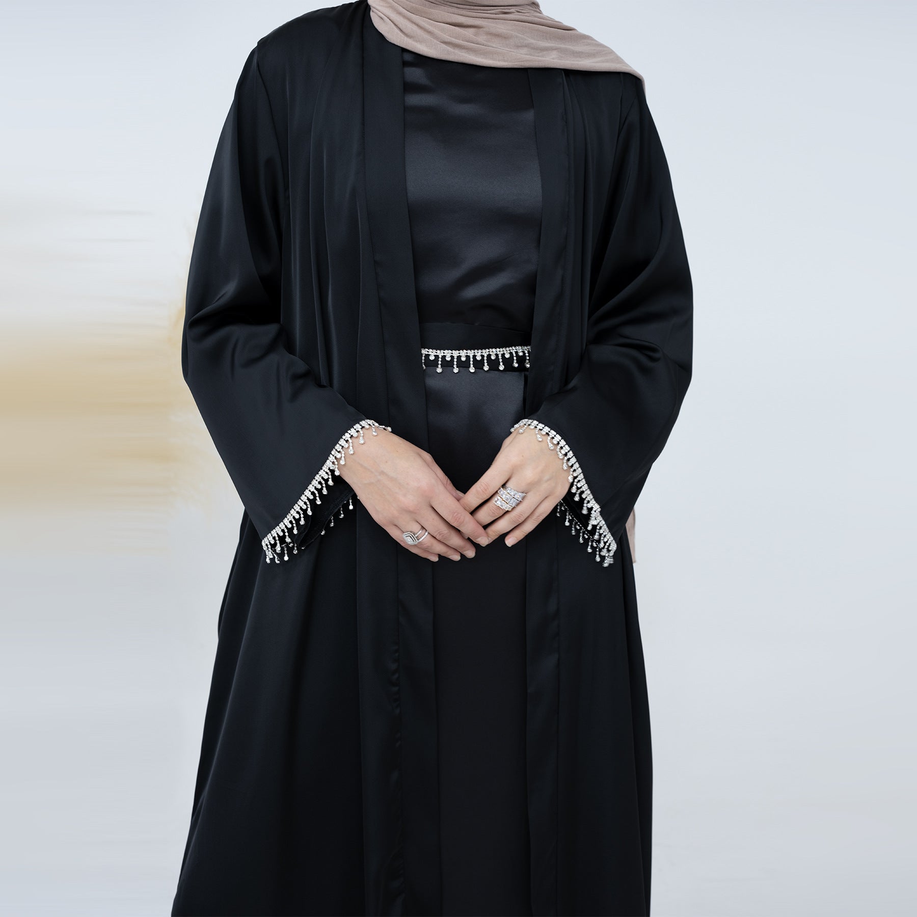 Satin Abaya With Diamond Tassels Belt, 4-Piece Set