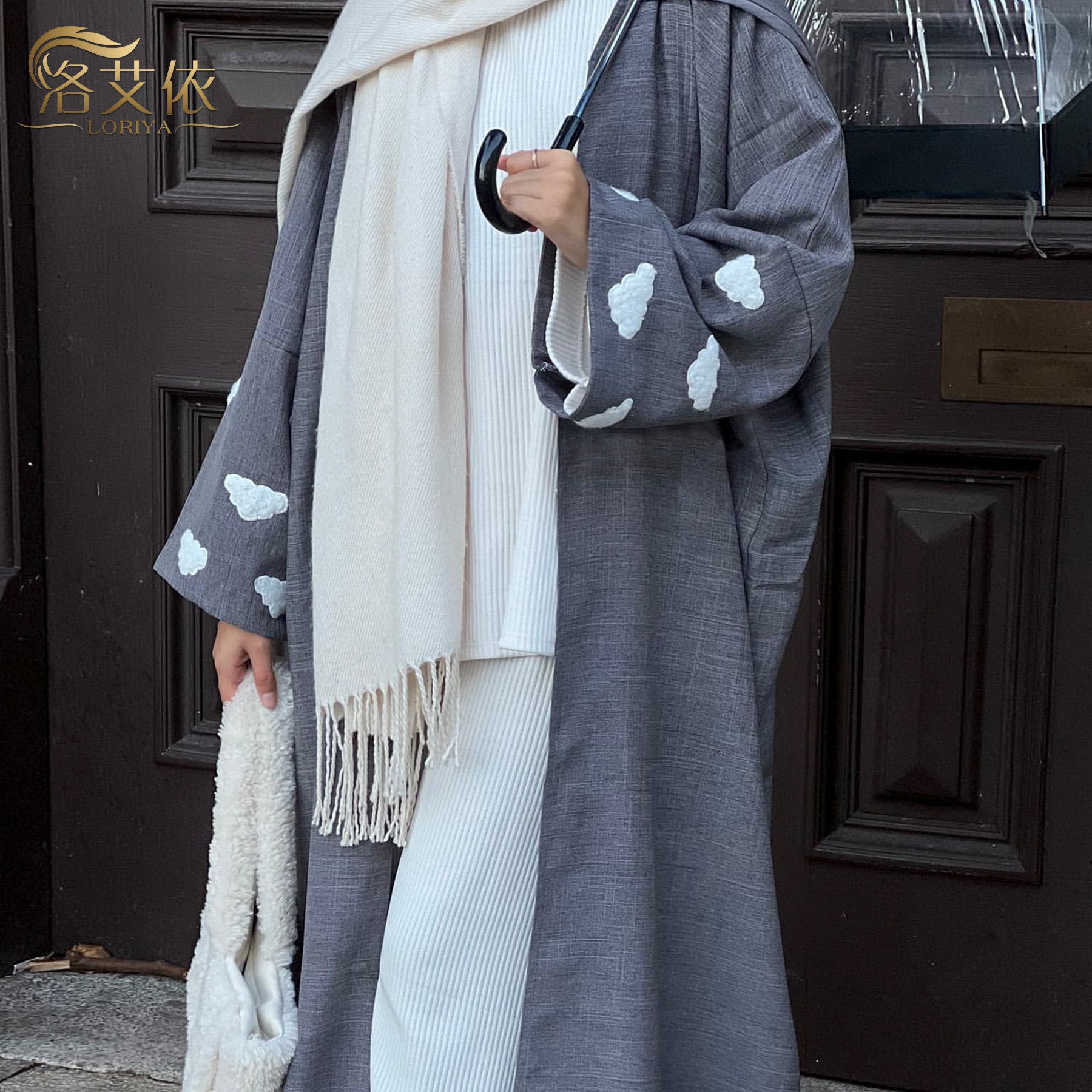 Ghadia Abaya With Hijab Set- Cloud Embroidered