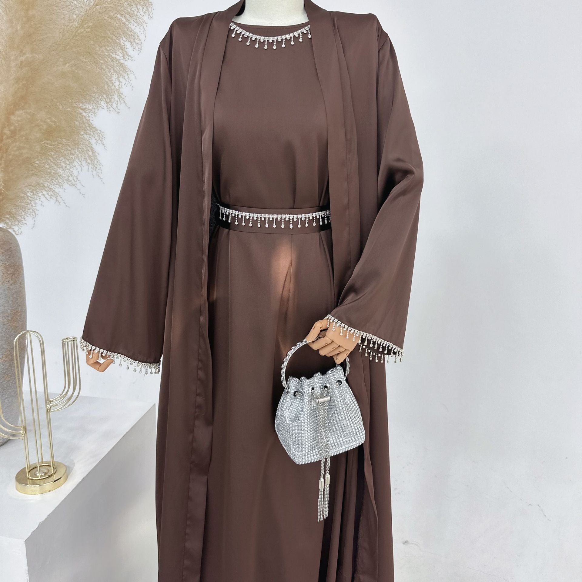 Satin Abaya With Diamond Tassels Belt, 4-Piece Set