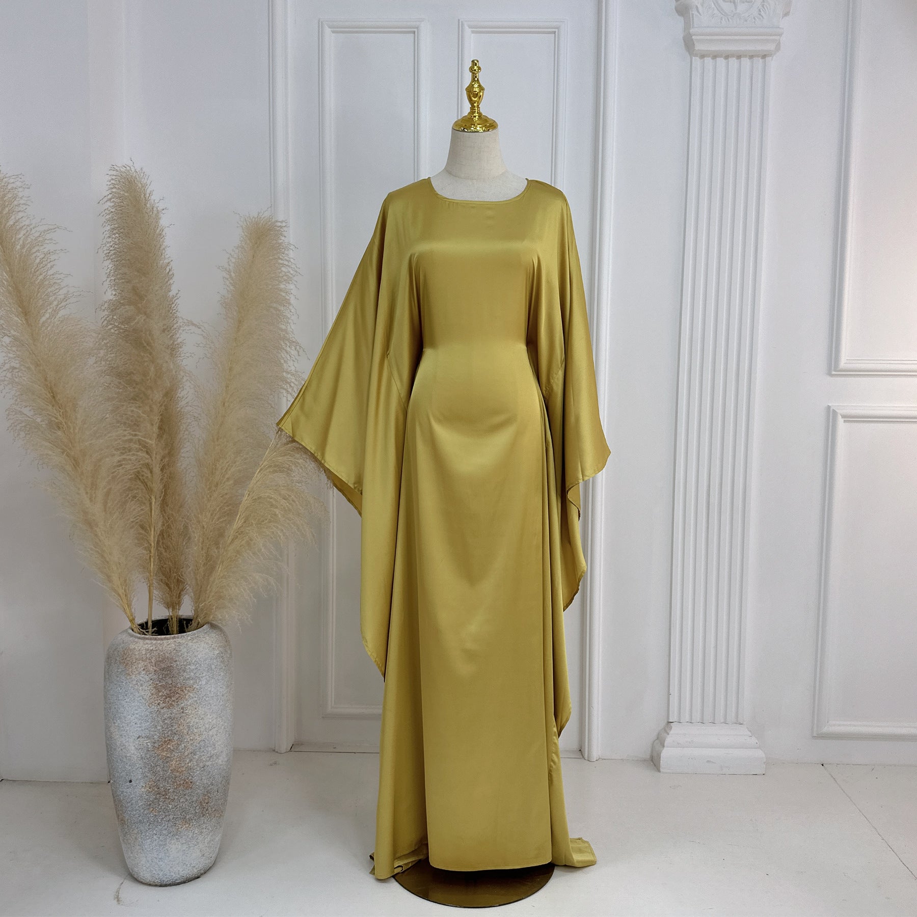 Raushan Abaya-Satin silk dress with cape sleeves