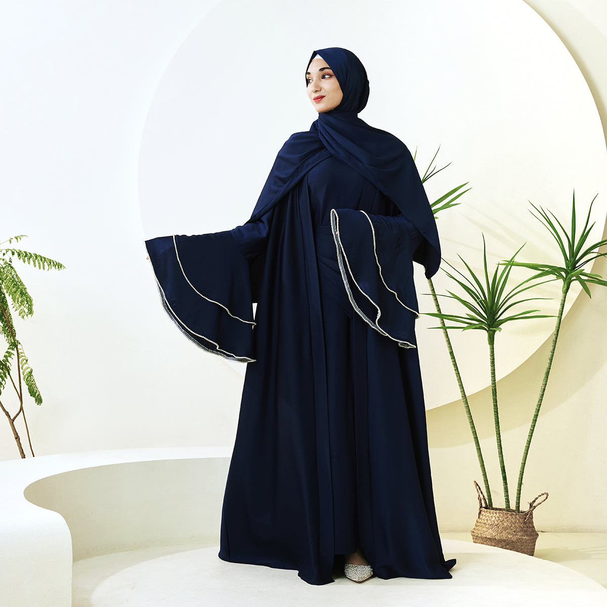 Crepe Satin Ruffle Sleeve Abaya, 5-Piece Set （NCS003）