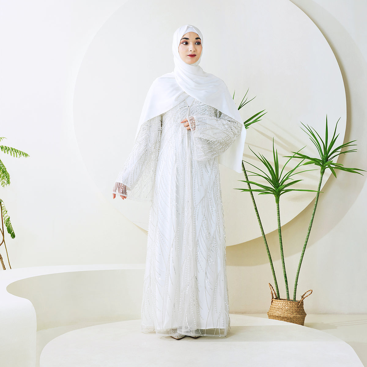 3-Piece Bridal Abaya Set with Pearl‑Embellished Organza Overlay PREORDER（NCS010）