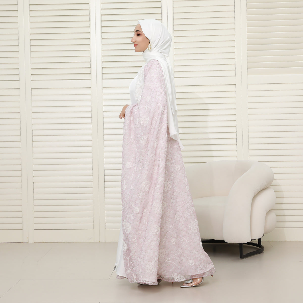 Reversible 4-Piece Batwing Abaya Set – Armani Satin & Embroidered Chiffon (NCS018)
