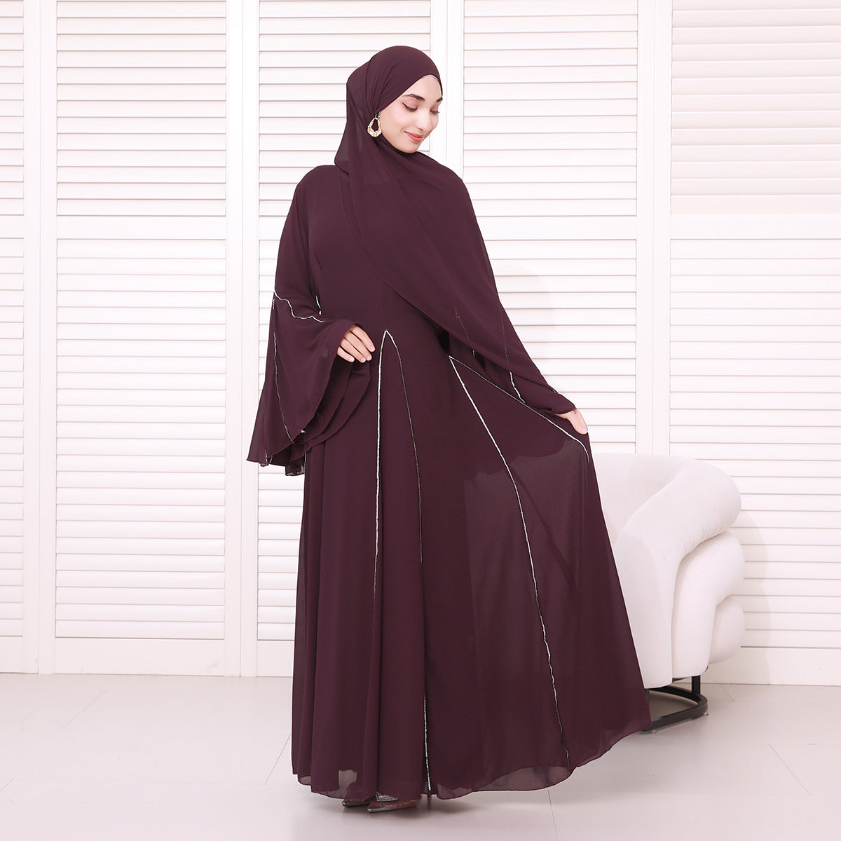 Elegant Bell Sleeve Maxi Abaya with Matching Hijab – Flowing Chiffon with Silver Trim(NCS019)