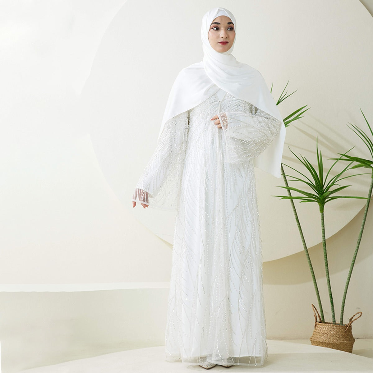 3-Piece Bridal Abaya Set with Pearl‑Embellished Organza Overlay PREORDER（NCS010）