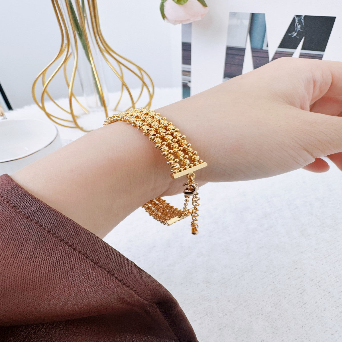 Gold Textured Alloy Bracelet – Adjustable Minimalist Bangle for Women(NCJ005)
