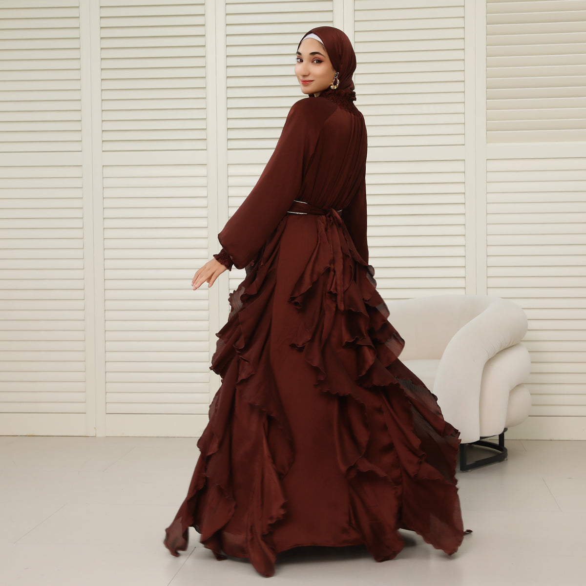 3-Piece Pleated Satin Ruffle Abaya with Crystal Belt & Hijab (NCS015)