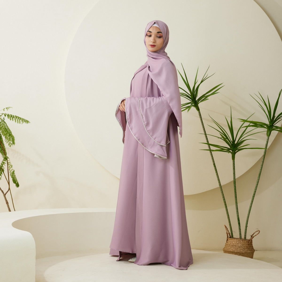 Crepe Satin Ruffle Sleeve Abaya, 5-Piece Set （NCS003）