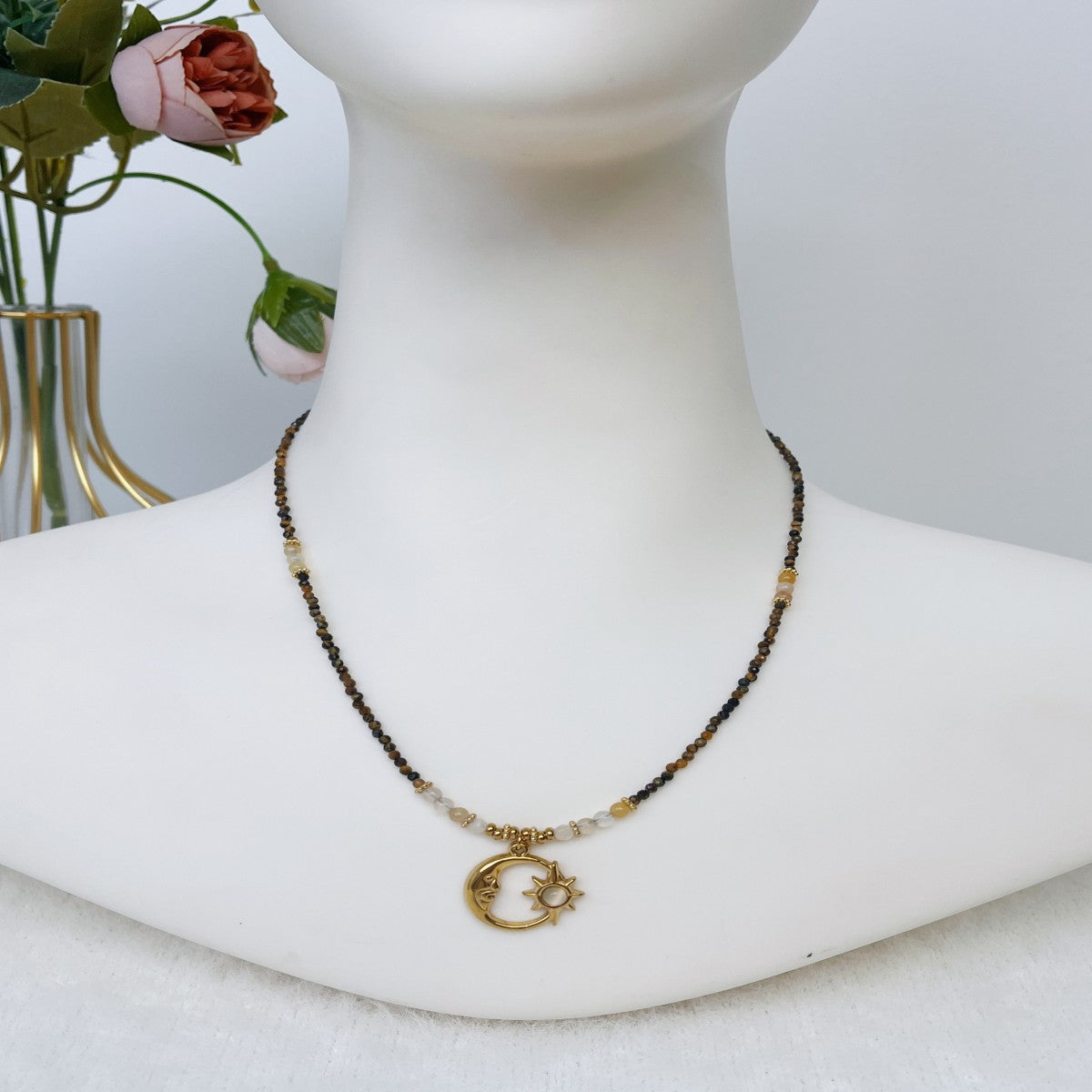 Boho Raw Stone Beaded Necklace with Vintage Sun Pendant – Handmade Natural Gemstone Jewelry for Women(NCJ001)