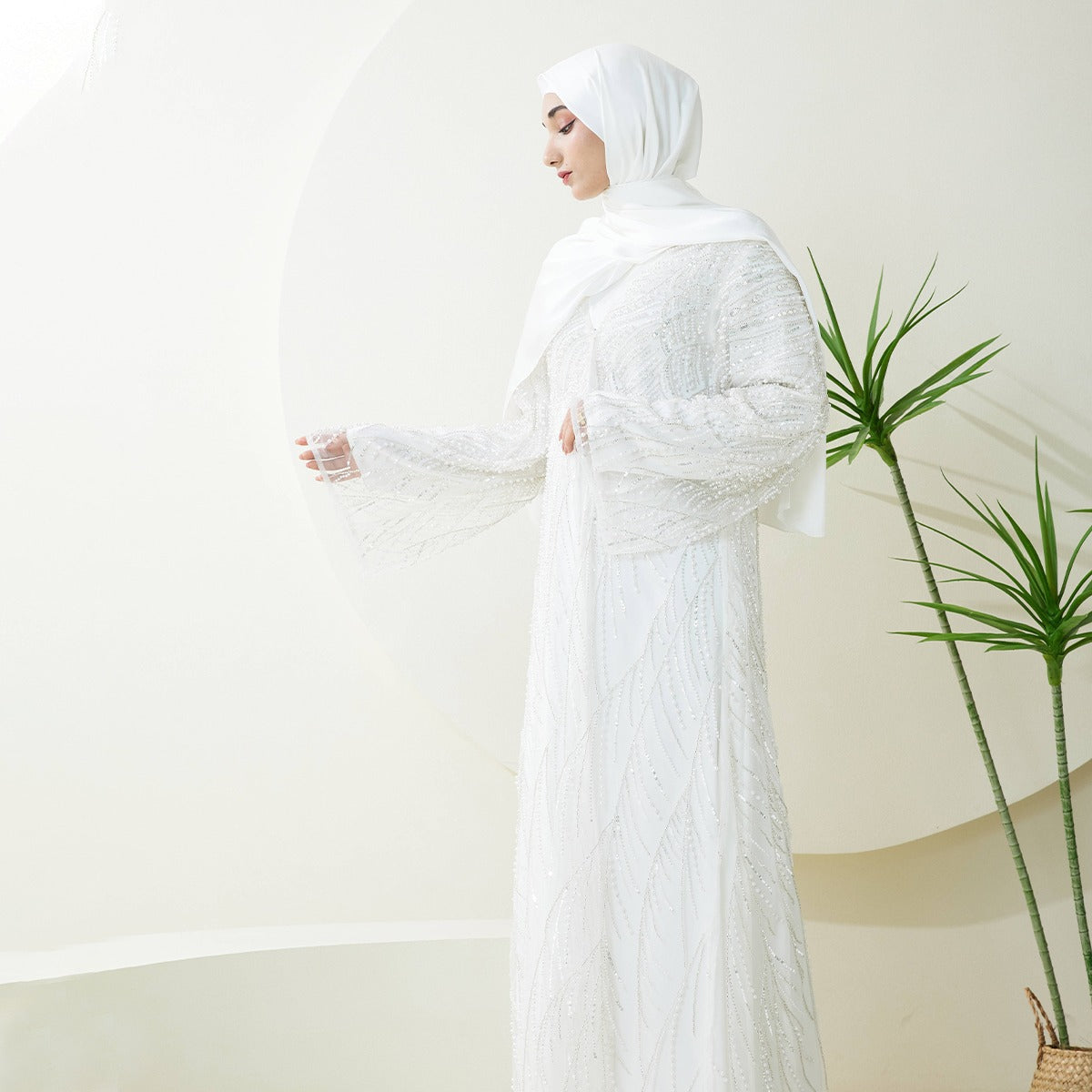 3-Piece Bridal Abaya Set with Pearl‑Embellished Organza Overlay PREORDER（NCS010）