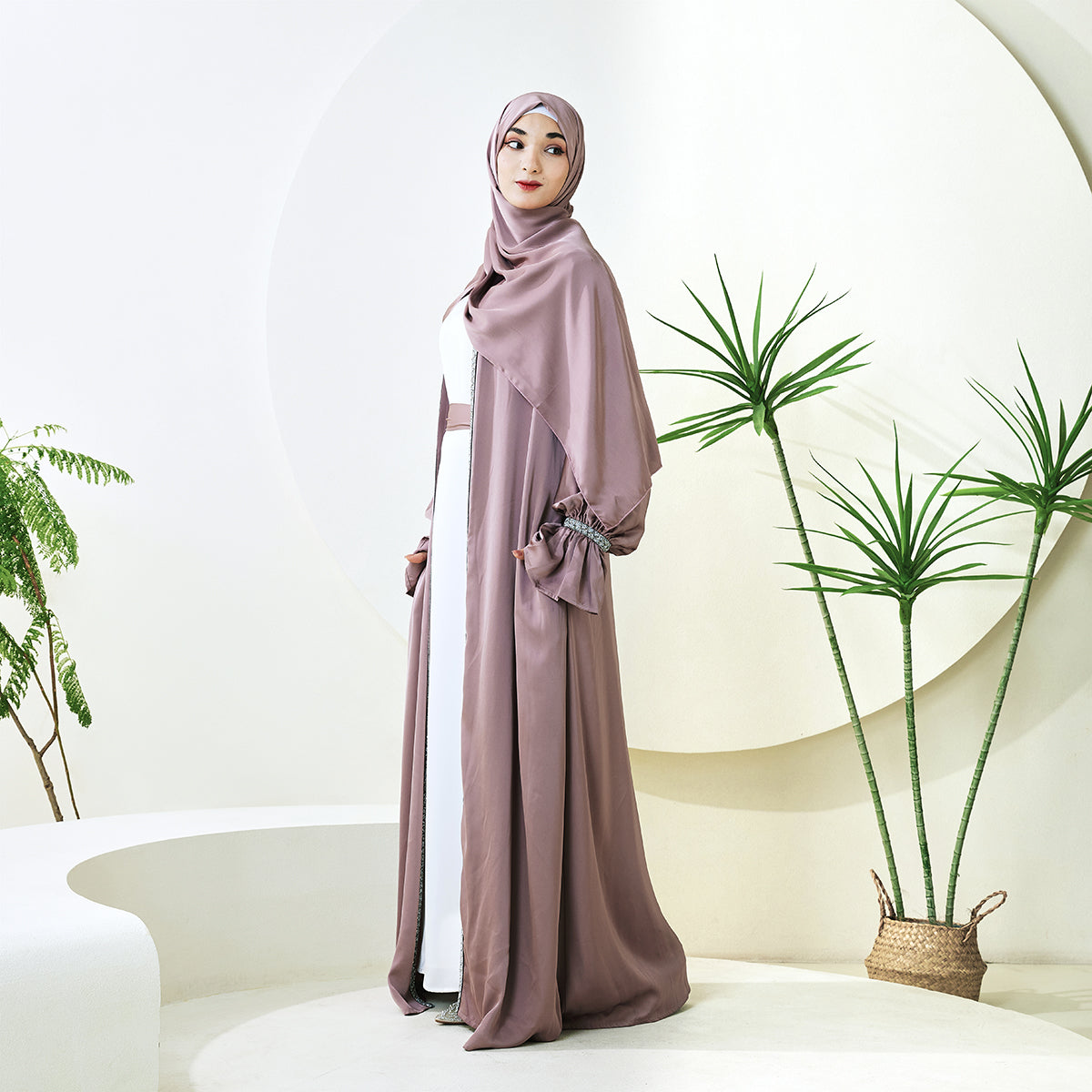 Poet Sleeve Satin Open Abaya With Matching Belt and Hijab（NCS007）
