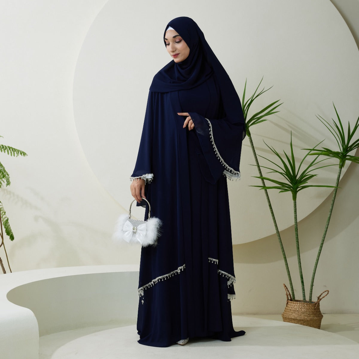 Elegant Chiffon Diamond Tassels Abaya Four - piece Set（NCS001）