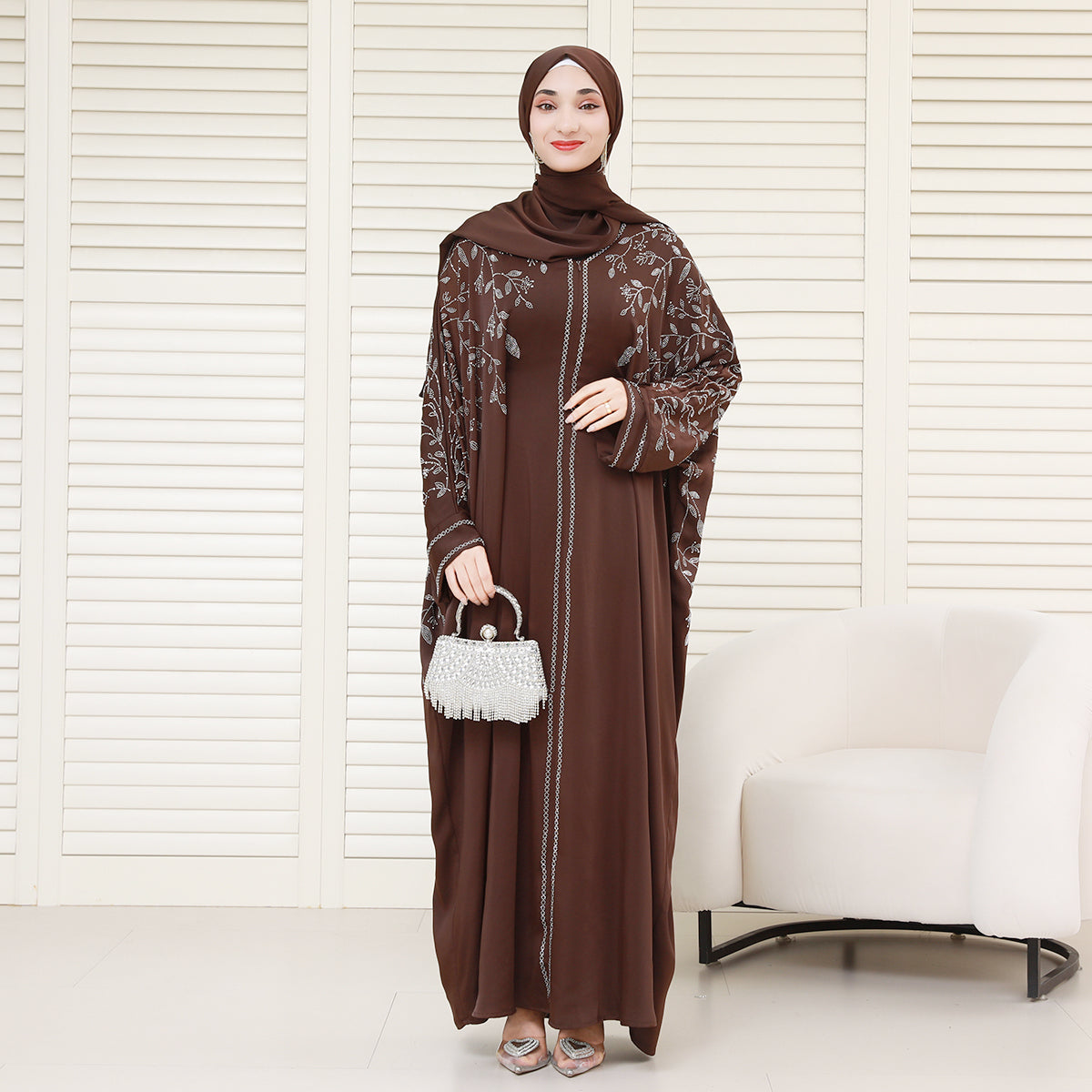 Luxury Rhinestone Zipper Abaya Dress with Built-In Belt and Hidden Snap Cuffs – Modest Maxi Dress with Pockets (NCS020)