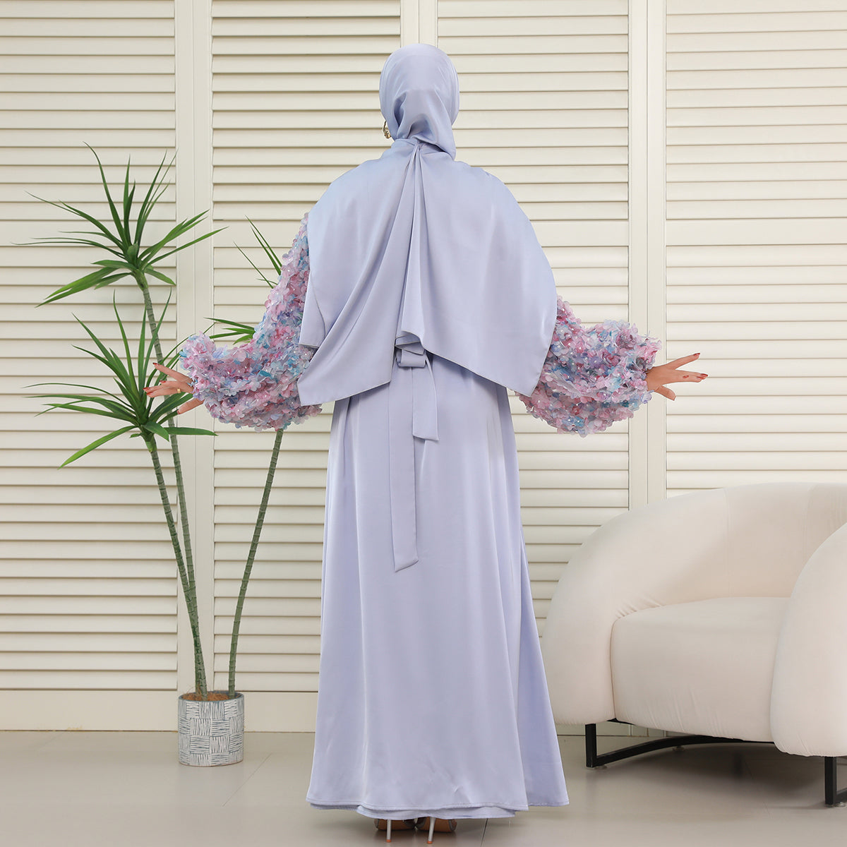 Pastel 3D Floral Sleeve 4-Piece Abaya Set – Elegant Occasionwear Modest Dress (NCS014)