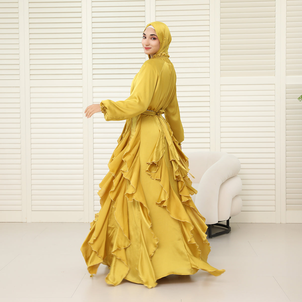 3-Piece Pleated Satin Ruffle Abaya with Crystal Belt & Hijab (NCS015)