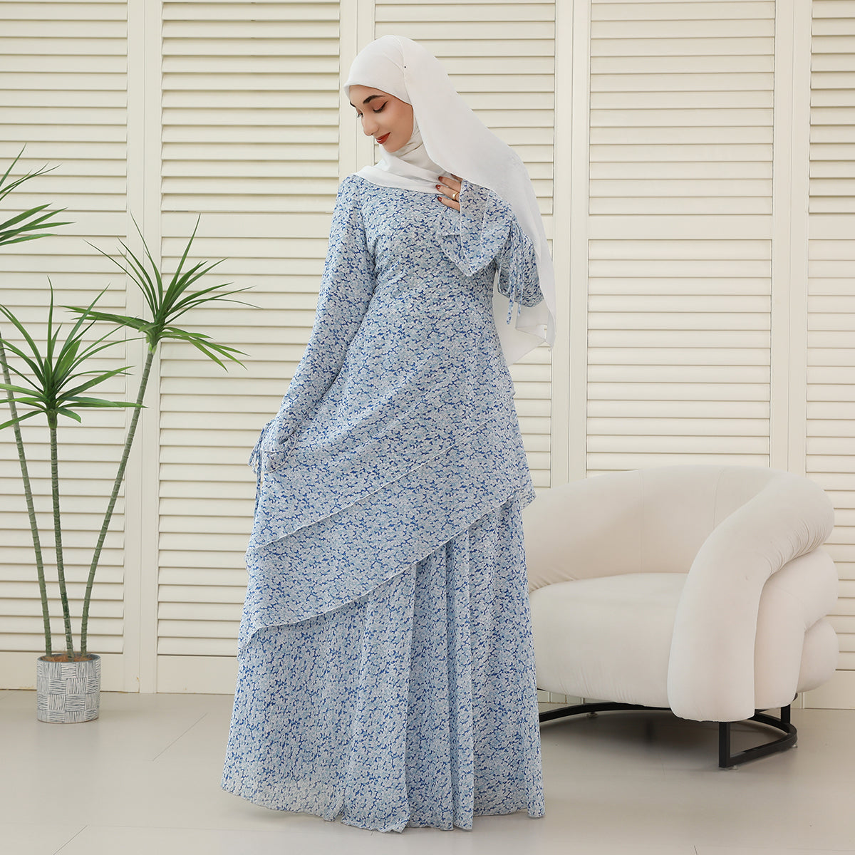 3-Piece Ruffle Chiffon Abaya Set – Top, Skirt & Scrunchie NCA006