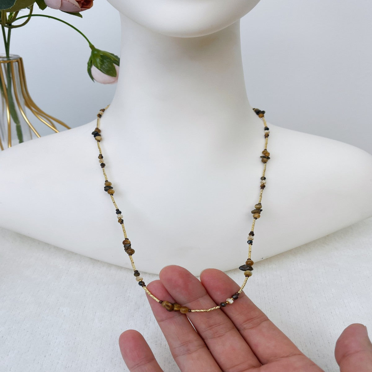 Boho Raw Stone Beaded Necklace with Vintage Sun Pendant – Handmade Natural Gemstone Jewelry for Women(NCJ001)