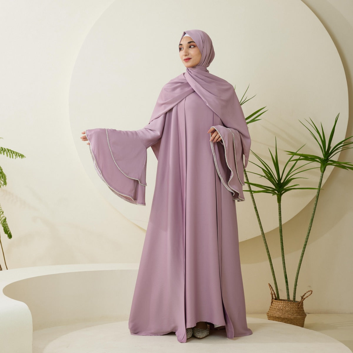 Crepe Satin Ruffle Sleeve Abaya, 5-Piece Set （NCS003）