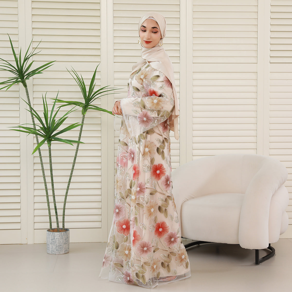 Floral Embroidered 4-Piece Abaya Set – Luxury Occasionwear Modest Dress (NCS013)