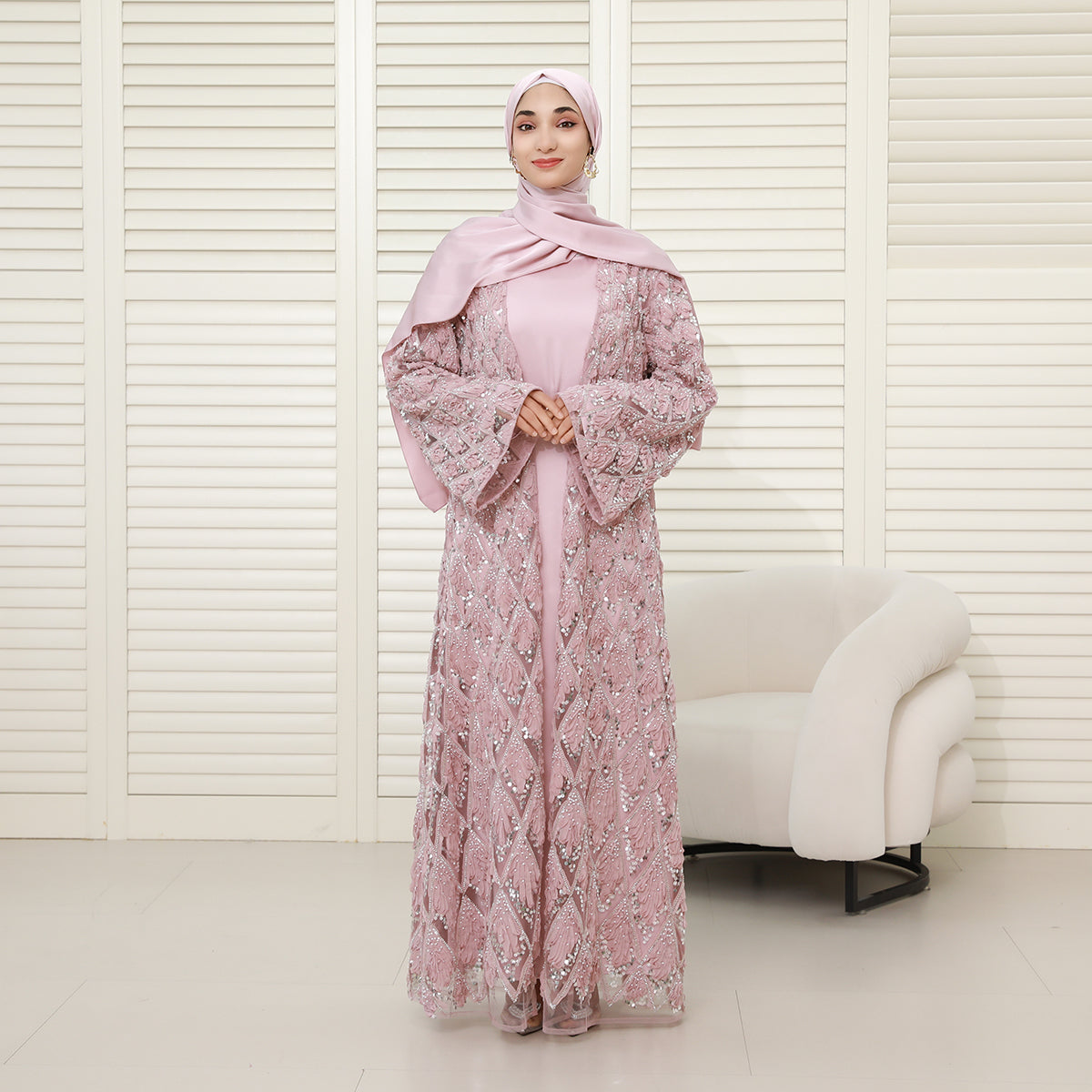 Luxury Bridal-Inspired 4-Piece Abaya Set with Pearl & Crystal Floral Embroidery (NCS017)