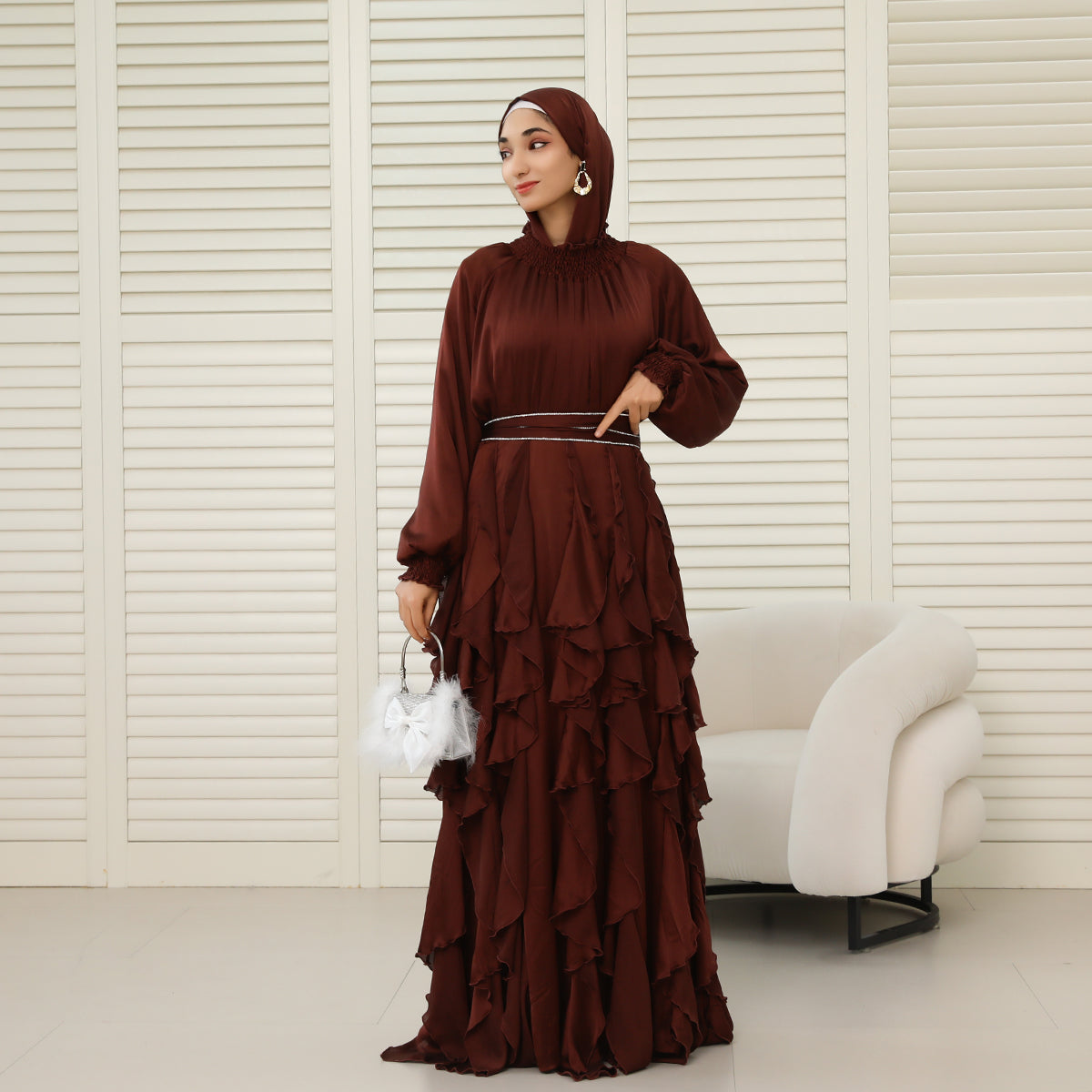 3-Piece Pleated Satin Ruffle Abaya with Crystal Belt & Hijab (NCS015)