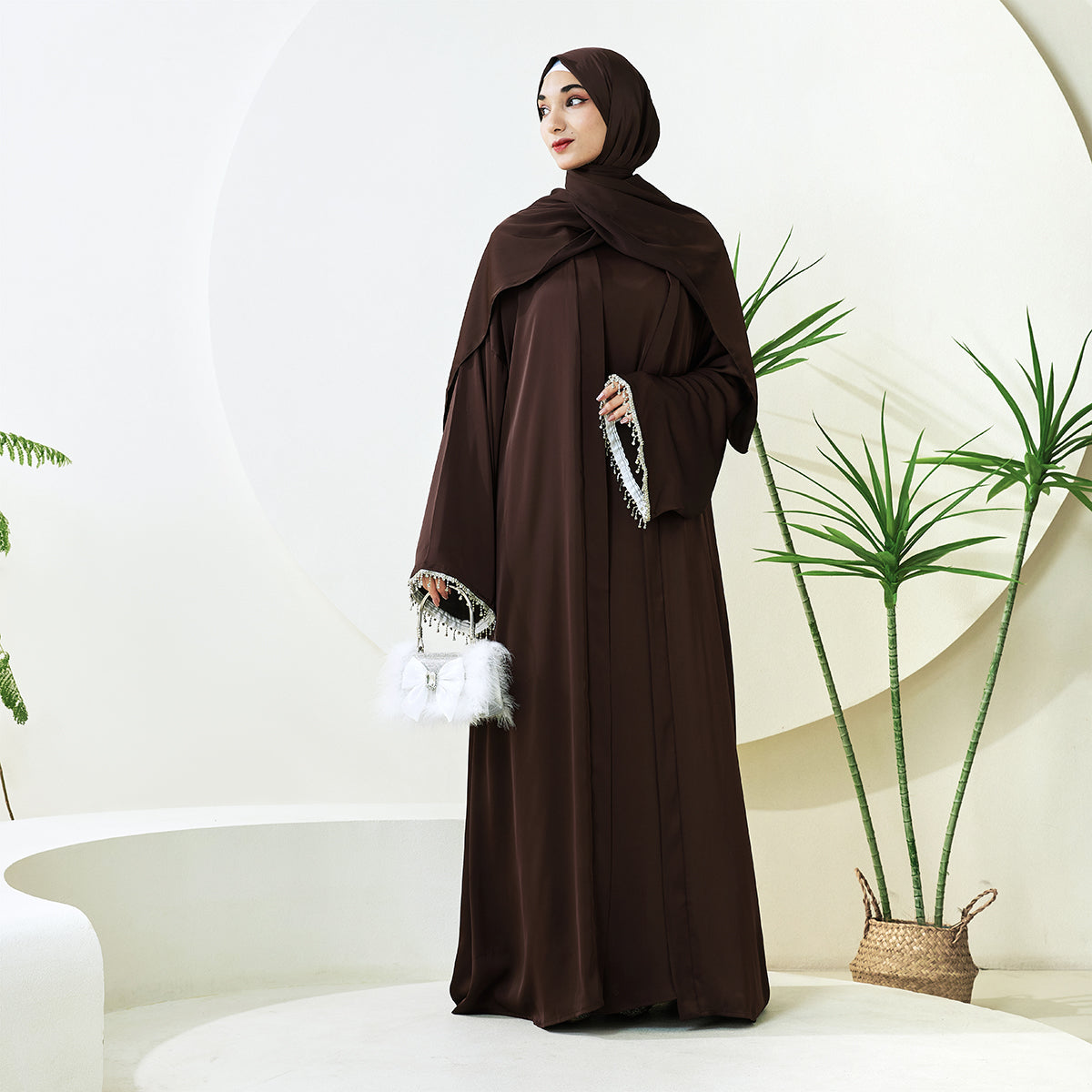 Satin Abaya With Diamond Tassels Belt, 4-Piece Set (NCS004)