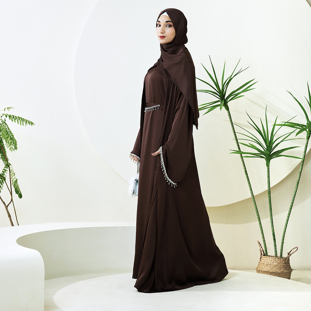 Satin Abaya With Diamond Tassels Belt, 4-Piece Set (NCS004)