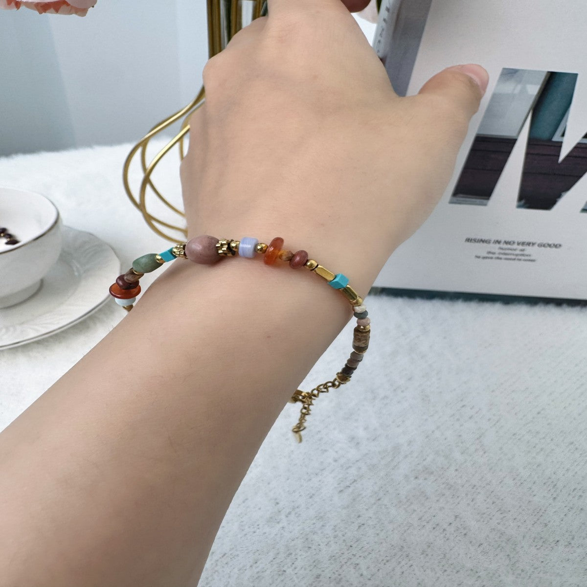 Boho Raw Gemstone Beaded Bracelet – Handmade Natural Stone Jewelry for Women(NCJ002)