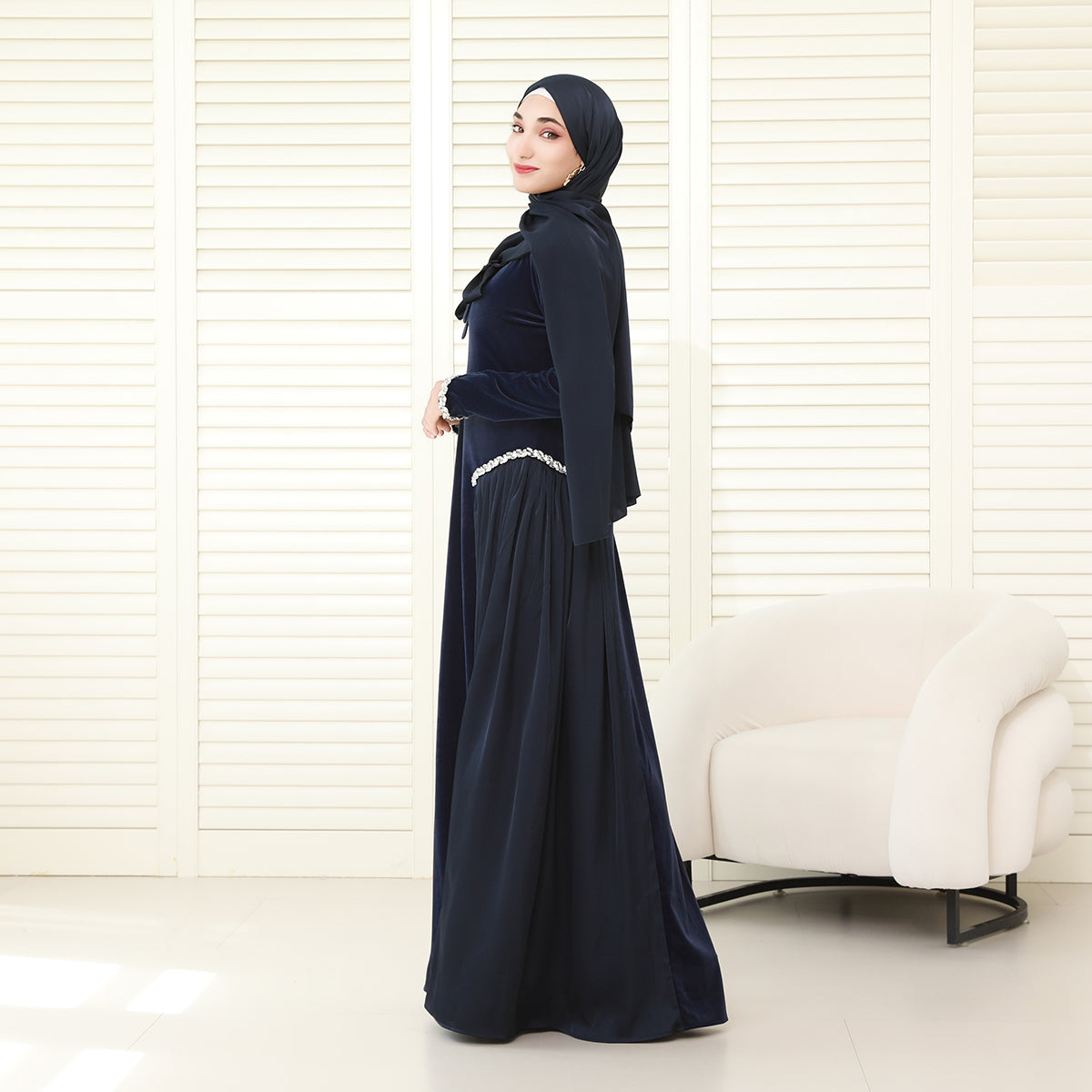 Navy Collar Velvet Satin Abaya Set with Hijab – Fall Modest Fashion (NCS016)