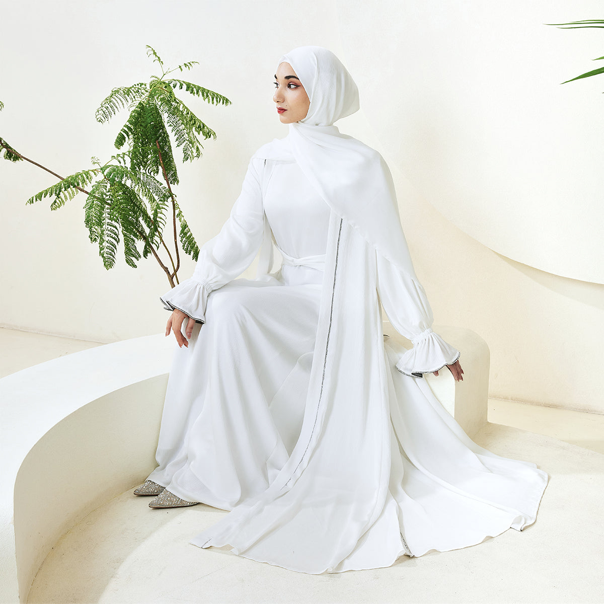 3-Piece Ruffle Sleeve Haiya Abaya Set with Sparkling Rhinestone (NCS006)